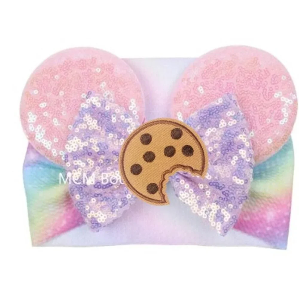 Cookies and Milk Headband Pink Ears Bow Sequin Cookie Monster Birthday Pastel